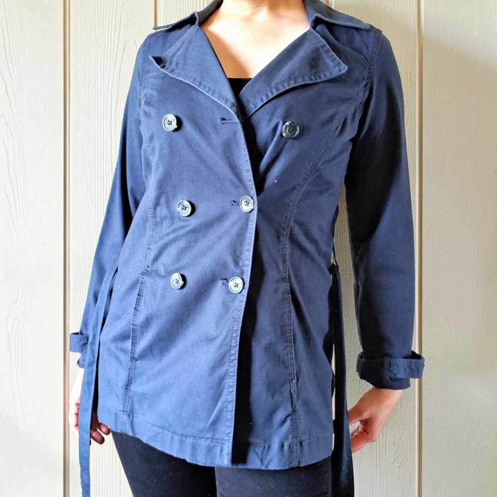 Sonoma Dark Slate Blue Cotton Stretch Double Breasted Short Trench Jacket Small